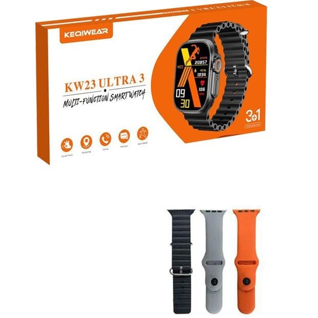 KEQIWEAR KW23 ULTRA 3 SMART WATCH WITH THREE 3 STRAPS BAND WIRELESS CHARGINGÂ |Â Â 18Â AED
